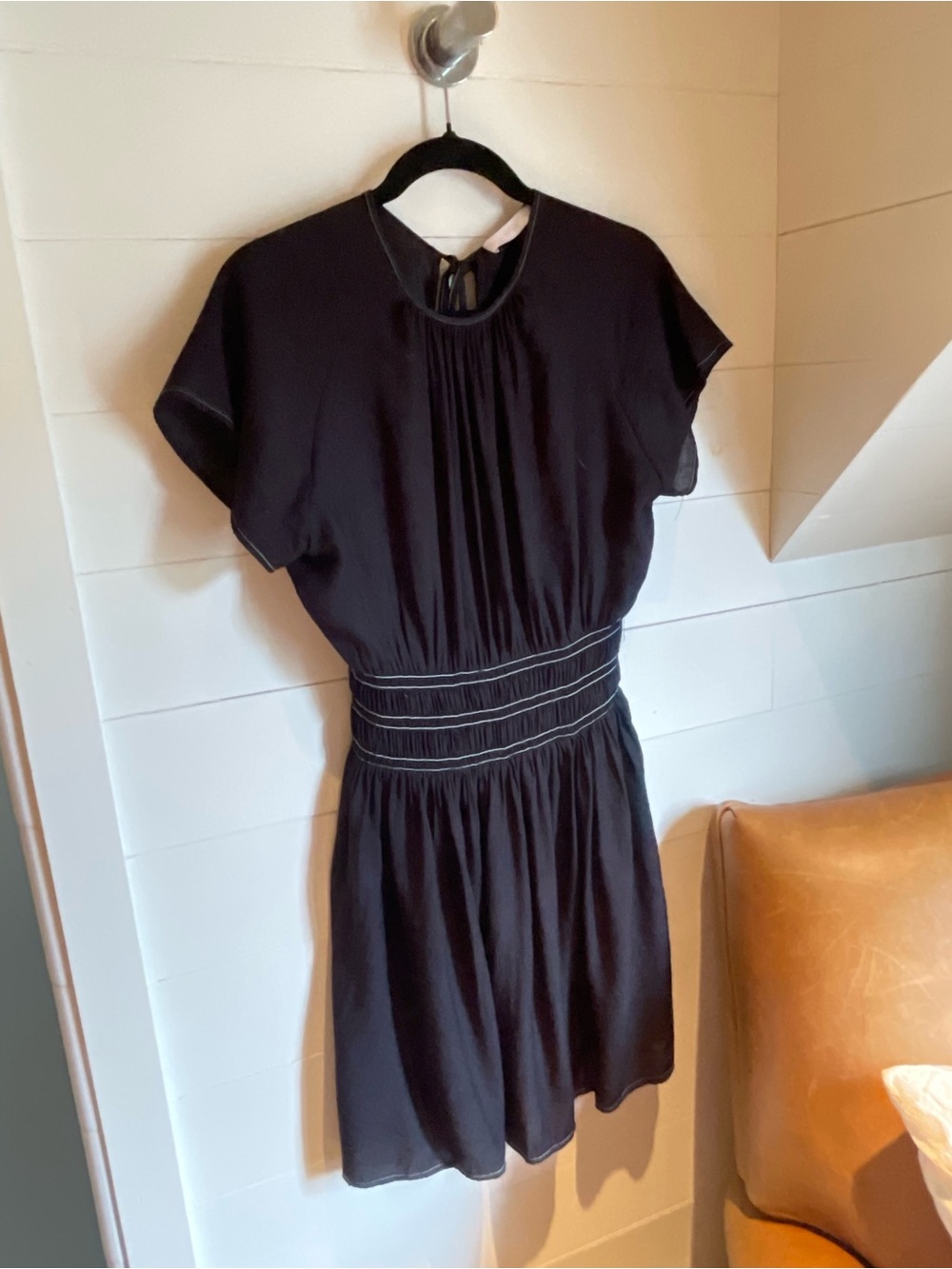 Mango Black Mini Dress with Smocked Waist and Short Sleeves